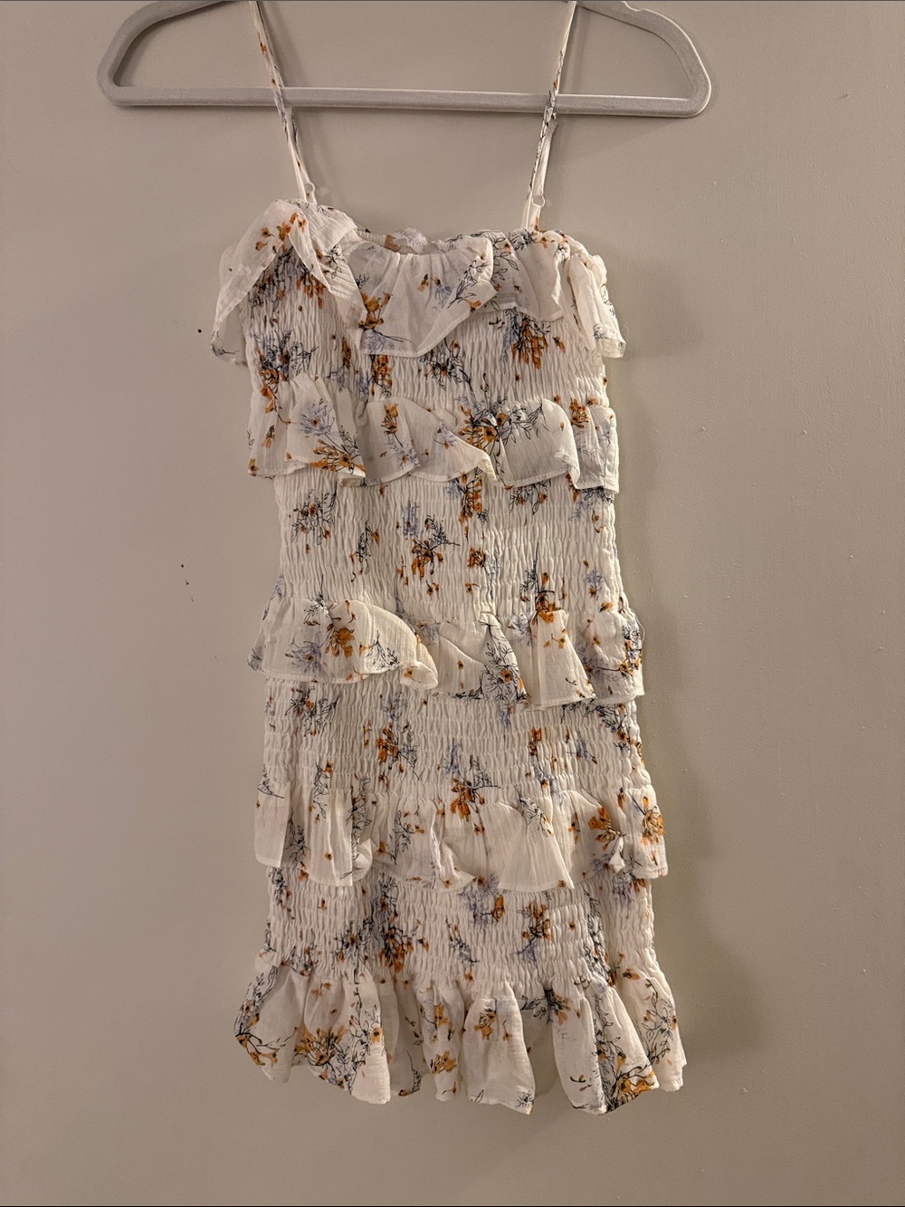 OLIVIACEOUS White Floral Ruffled Smocked Mini Dress